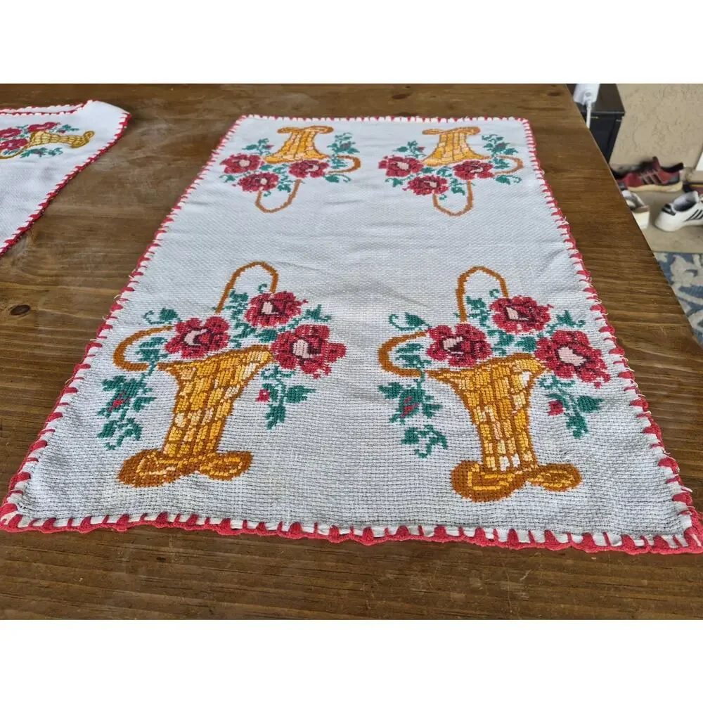 Vintage Hand Embroidered Table Topper 26 X 17 With Baskets of Flowers
